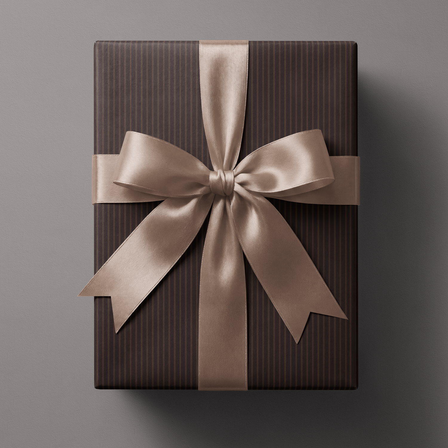 Alt Tag: Brown Striped Wrapping Paper gift wrap in espresso pinstripes with satin ribbon bow, tailored luxury look