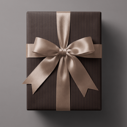 Alt Tag: Brown Striped Wrapping Paper gift wrap in espresso pinstripes with satin ribbon bow, tailored luxury look