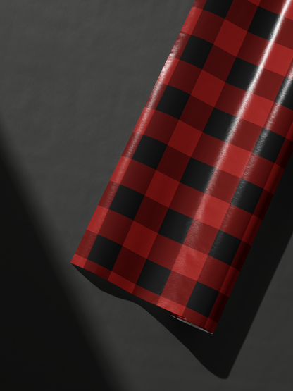 Buffalo Plaid Wrapping Paper roll in red and black tartan check pattern, winter lodge gift wrap