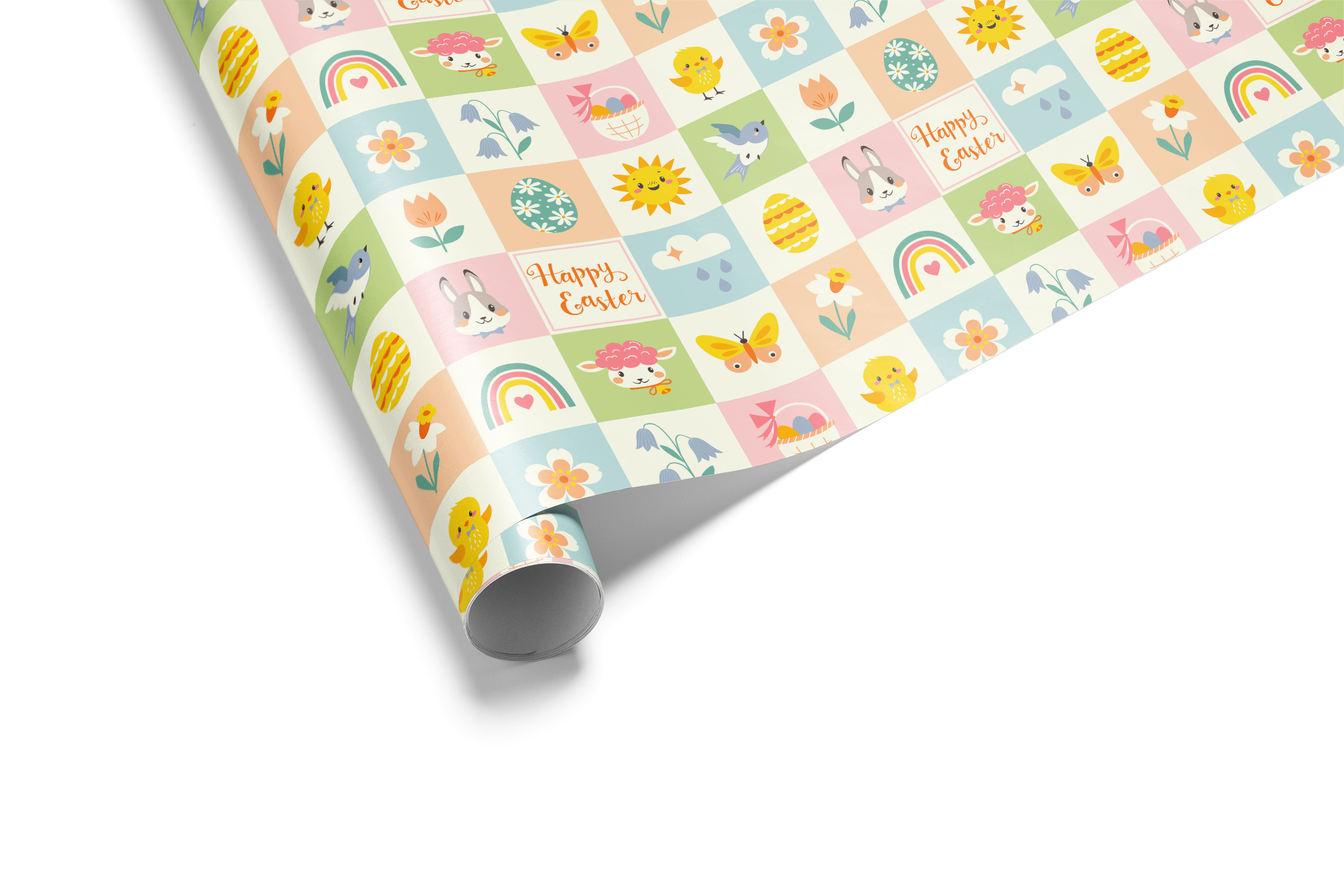 Alt Tag: Easter Wrapping Paper roll with pastel grid patchwork of bunnies, chicks, eggs, tulips, rainbows, butterflies and Happy Easter