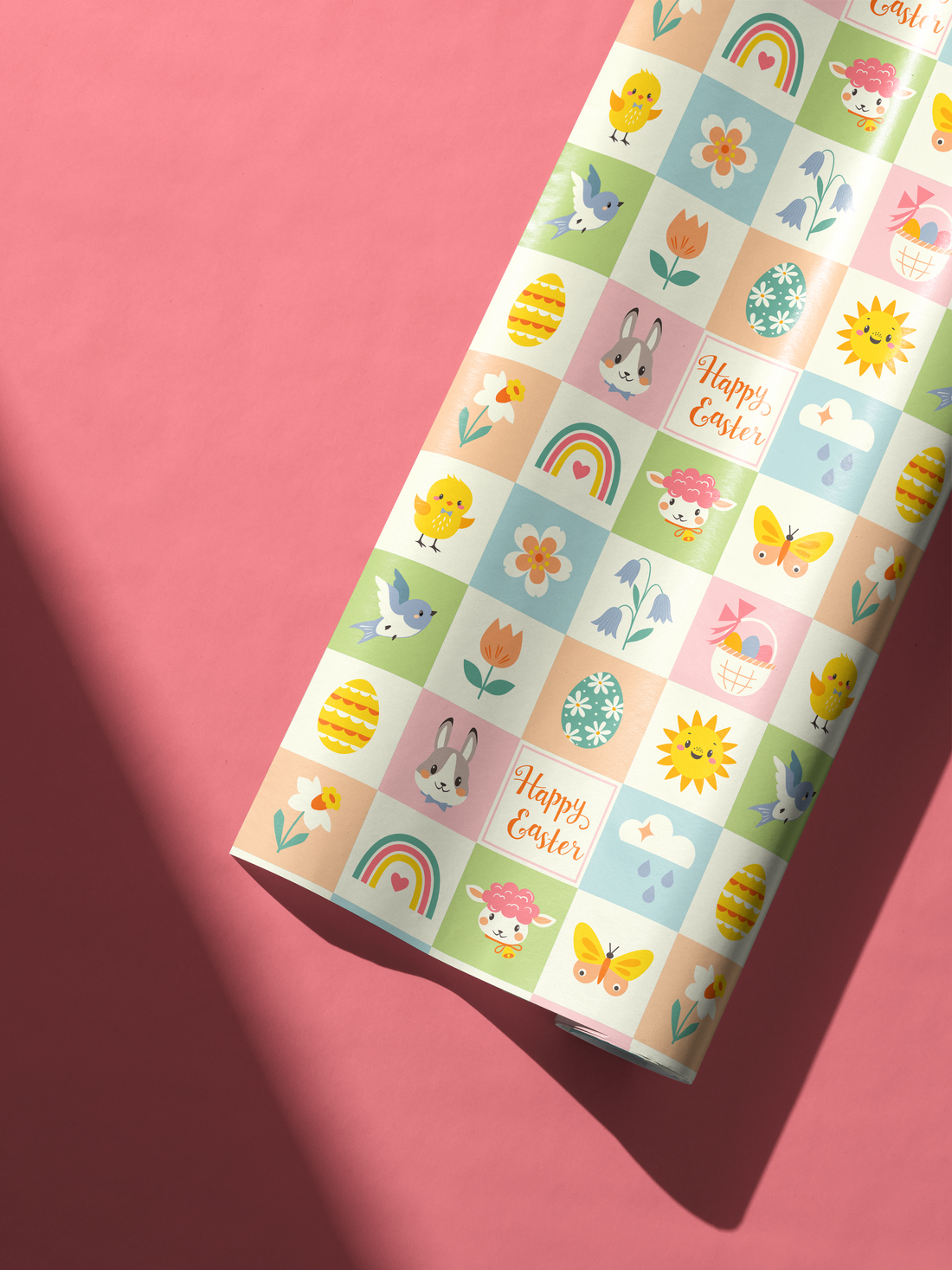 Alt Tag: Easter Wrapping Paper pastel patchwork grid with bunnies, chicks, eggs, tulips, rainbows, butterflies and Happy Easter text