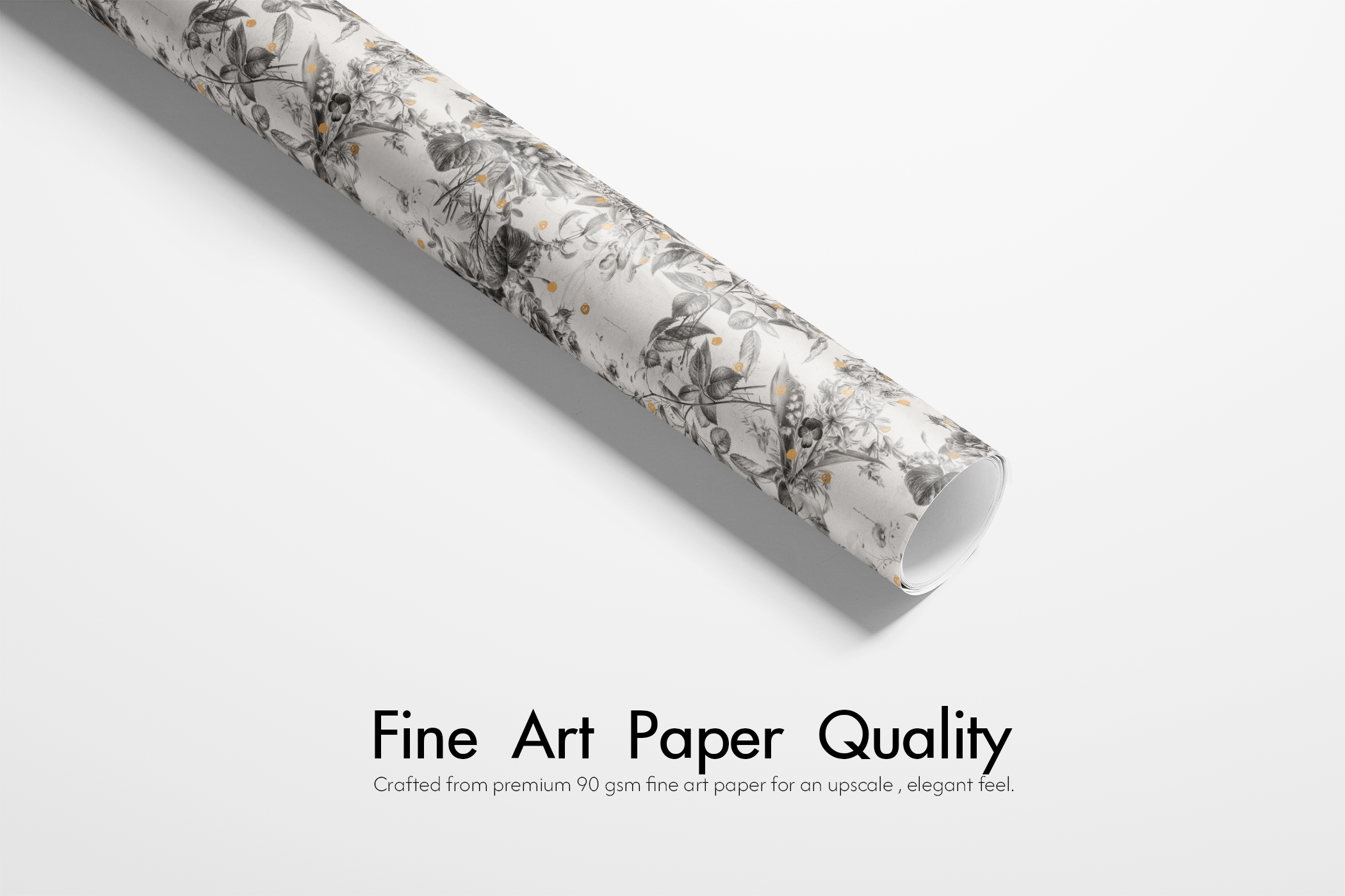 Alt Tag: Black and White Floral Wrapping Paper roll with botanical sketch and gold speckles, fine art paper quality