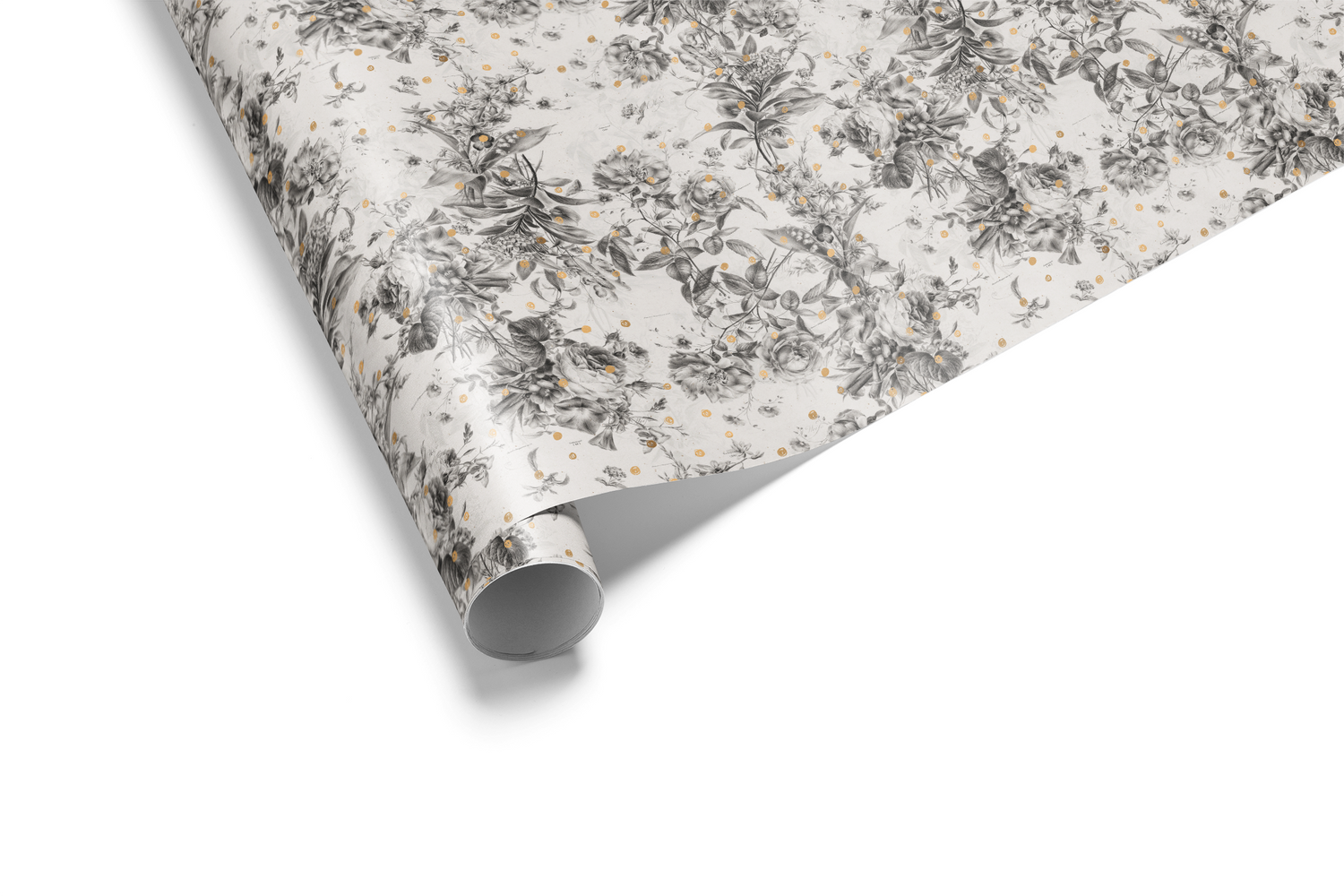 Alt Tag: Black and White Floral Wrapping Paper with botanical sketch design on ivory background and subtle gold speckles, Gilded Botanica