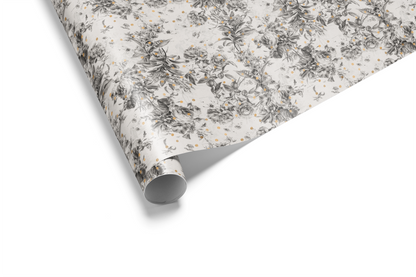 Alt Tag: Black and White Floral Wrapping Paper with botanical sketch design on ivory background and subtle gold speckles, Gilded Botanica