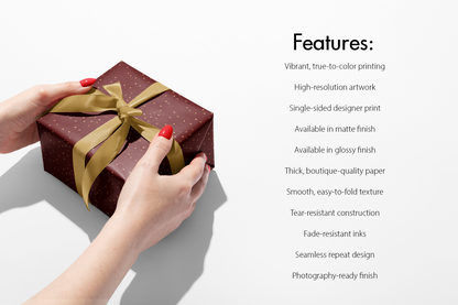 Burgundy and Gold Wrapping Paper on gift box with gold ribbon, subtle gold flecks and premium features list, Golden Reserve