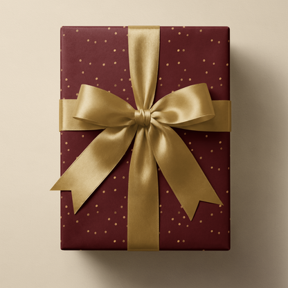 Burgundy and Gold Wrapping Paper gift wrap with gold flecks and satin bow, Golden Reserve luxury present wrap