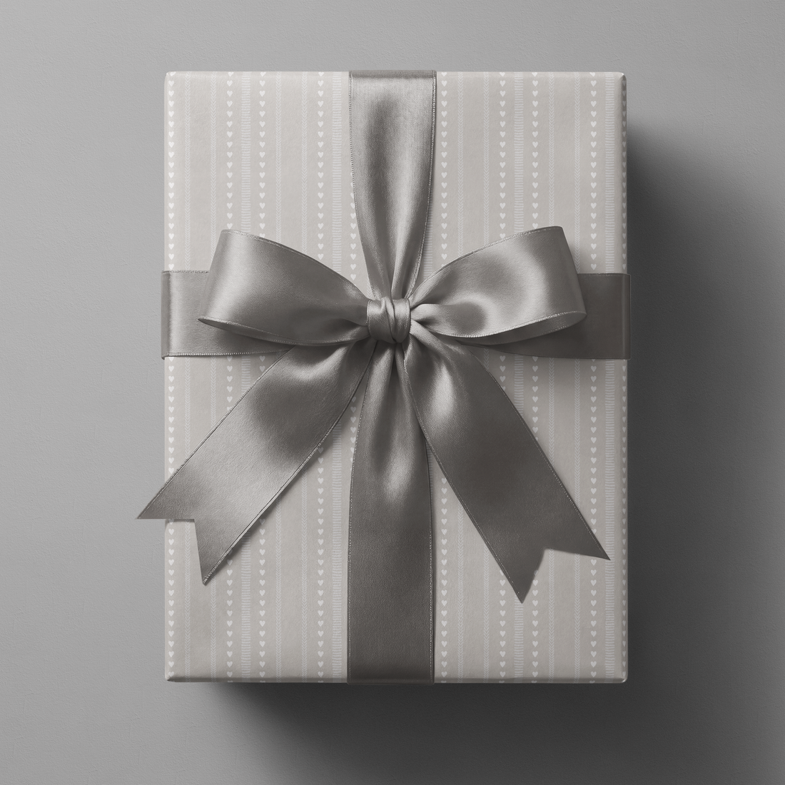 Wedding Wrapping Paper Silver Vow pale gray with vertical heart stripes, gift wrap with silver satin ribbon bow