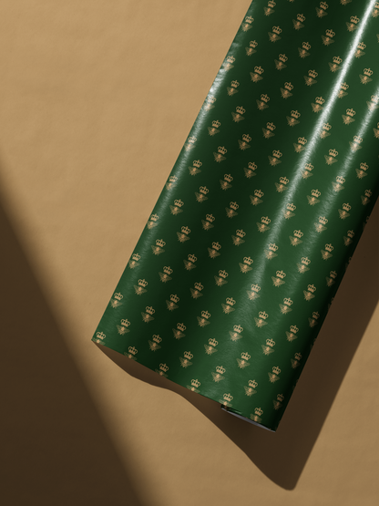 Green and Gold Wrapping Paper Emerald Monarch with metallic gold crowned bee motif on deep emerald background