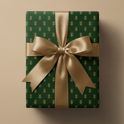 Green and Gold Wrapping Paper Emerald Monarch with metallic gold crowned bee pattern, wrapped gift box with satin gold ribbon bow