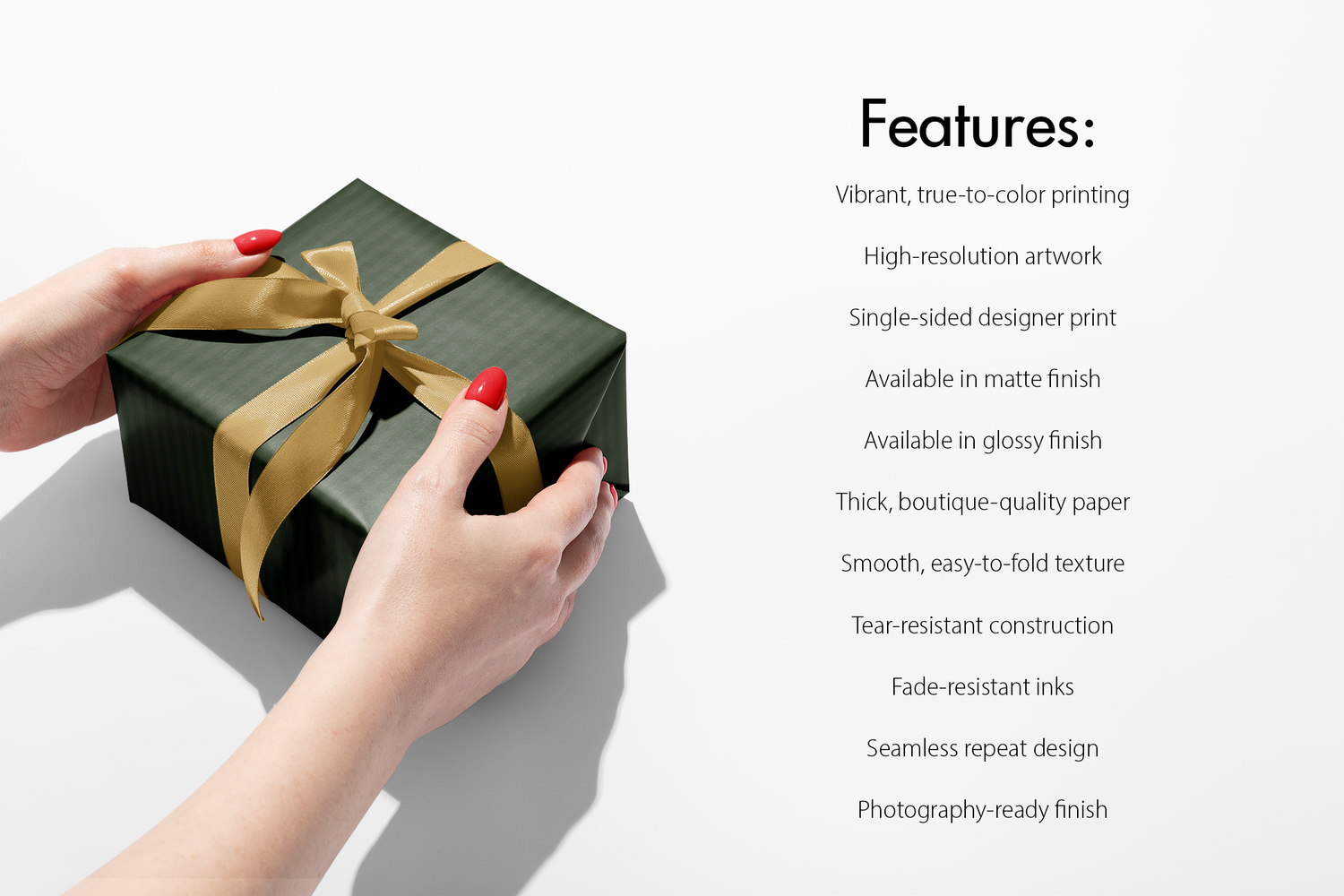 Green Striped Wrapping Paper on gift box with gold ribbon, Estate Stripe deep forest and olive vertical stripes, premium tear-resistant finish