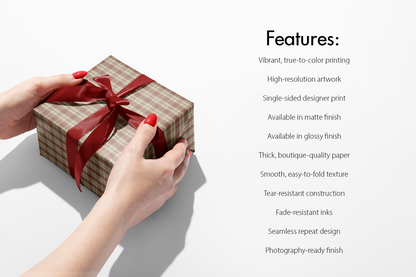 Neutral Plaid Wrapping Paper on gift box with red ribbon, muted cranberry sage and cream tartan grid, refined heritage-inspired wrapping