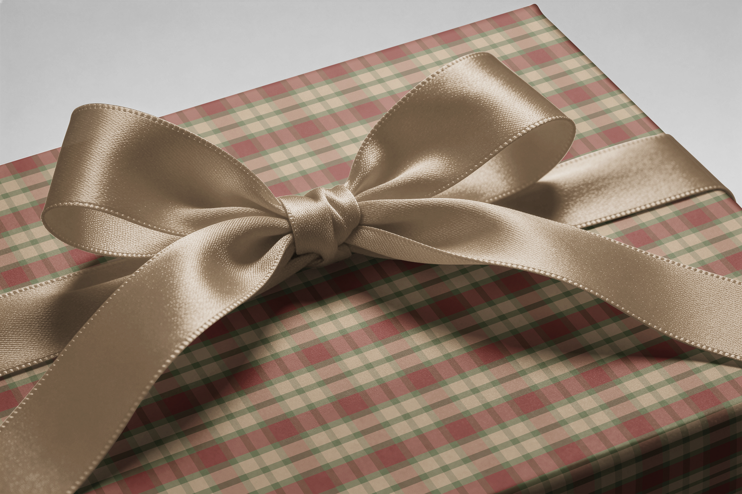 Alt Tag: Neutral Plaid Wrapping Paper gift wrap in cranberry, sage, and cream tartan grid with satin ribbon bow