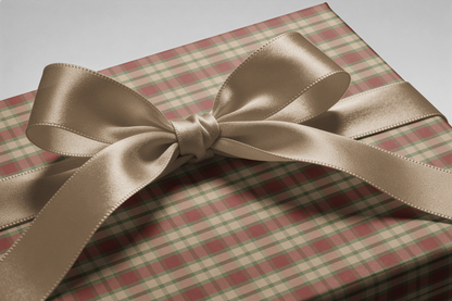 Alt Tag: Neutral Plaid Wrapping Paper gift wrap in cranberry, sage, and cream tartan grid with satin ribbon bow
