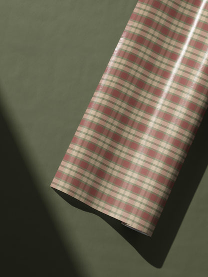 Alt Tag: Neutral Plaid Wrapping Paper roll in muted cranberry, sage, and cream tartan grid for refined holiday gift wrap