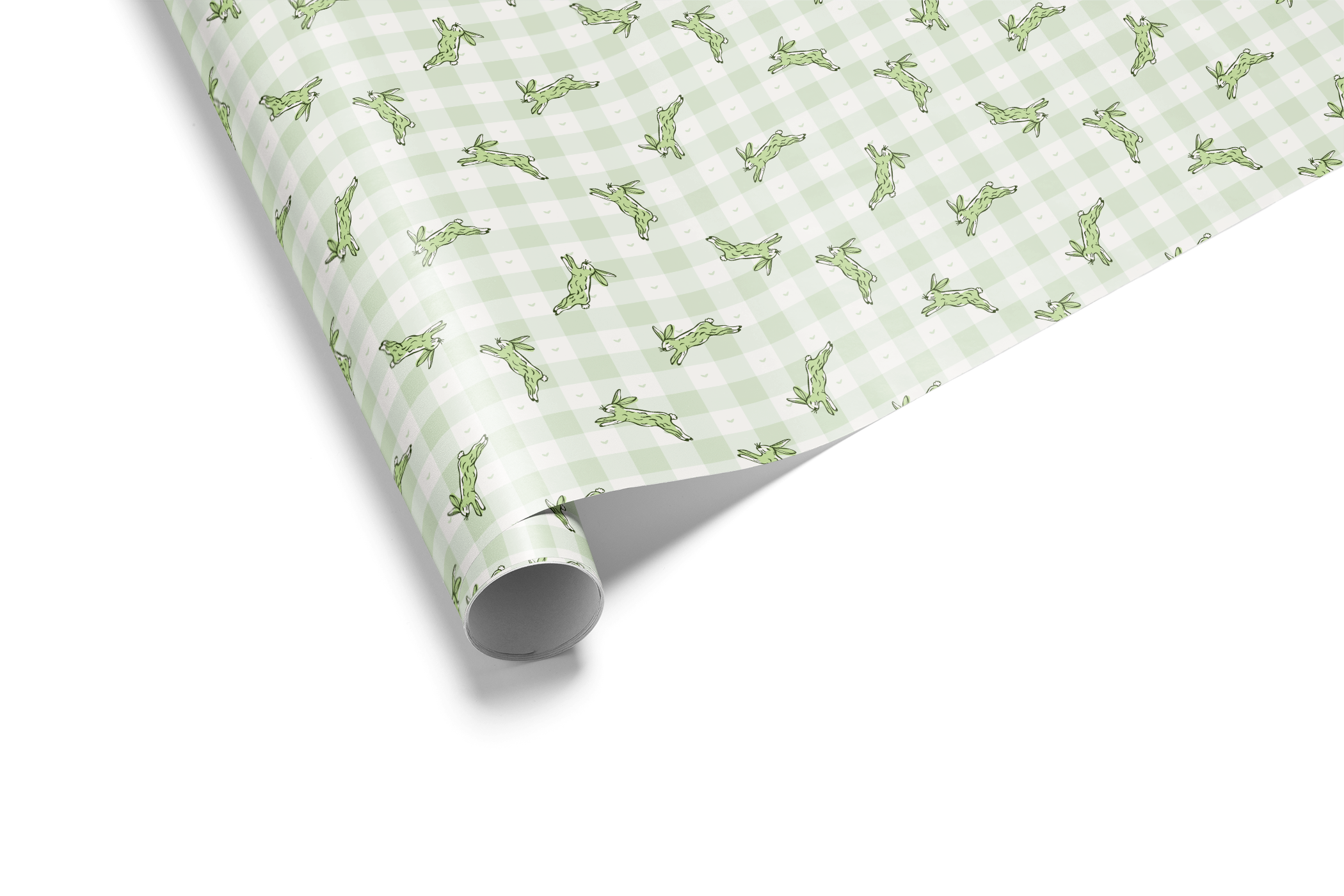 Alt Tag: Bunny Wrapping Paper with sage green gingham check and running hare illustrations, The Garden Hare gift wrap roll
