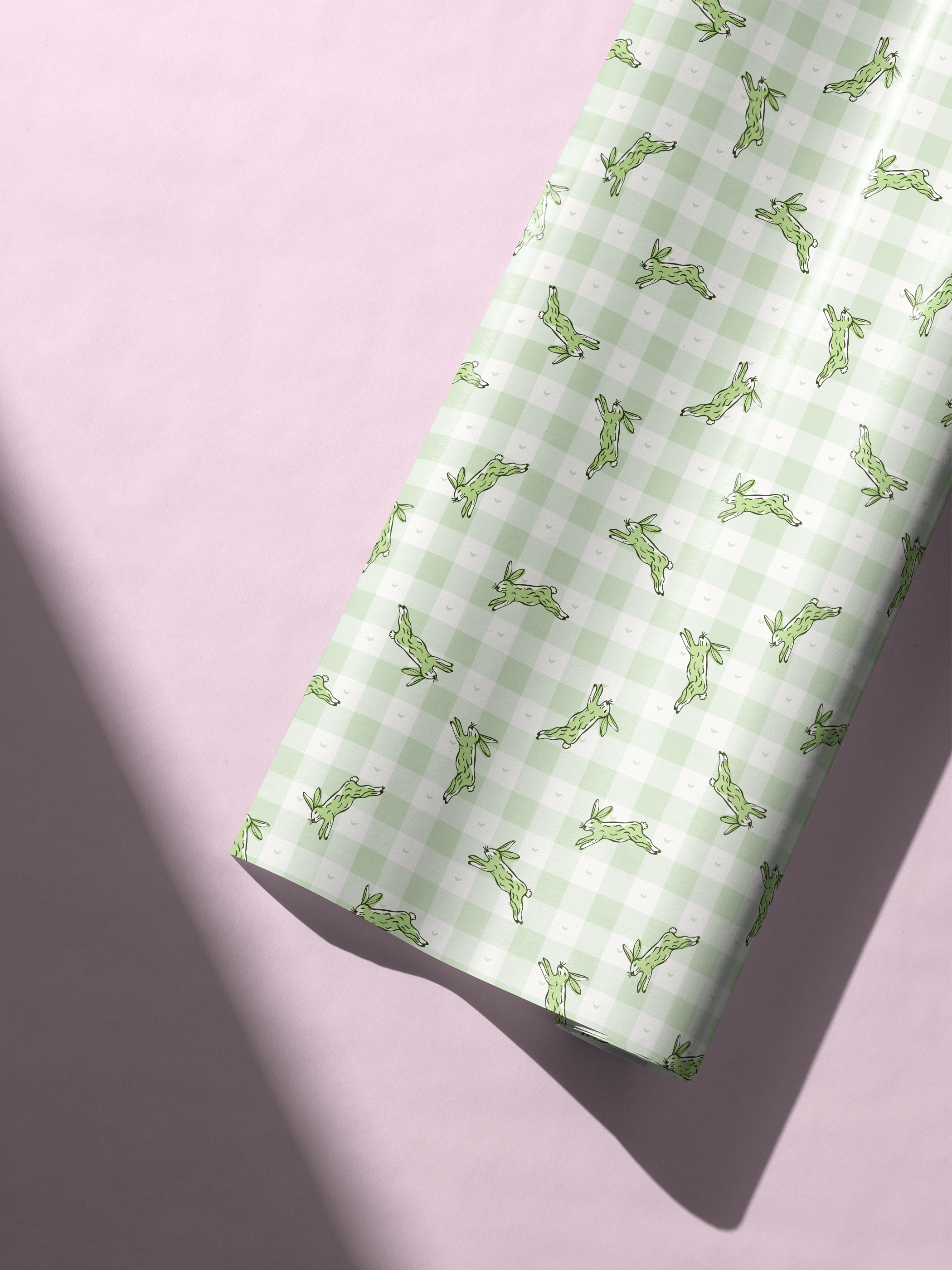 Alt Tag: Bunny Wrapping Paper in sage green gingham with running hare pattern, The Garden Hare gift wrap sheet