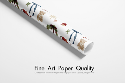 Luxury Christmas Wrapping Paper roll featuring teddy bears, wreaths with velvet bows, pine sprigs, ornaments, and fine art paper quality text