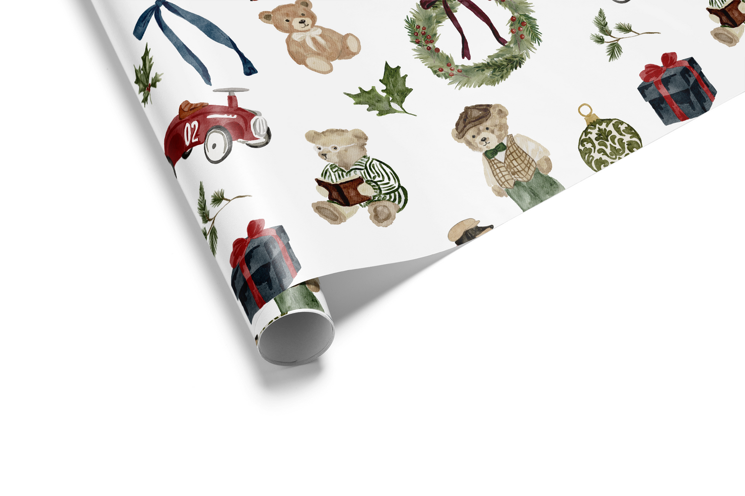 Luxury Christmas Wrapping Paper roll with teddy bears, wreath, plaid dachshund, vintage red race car, ornaments and holiday gifts pattern