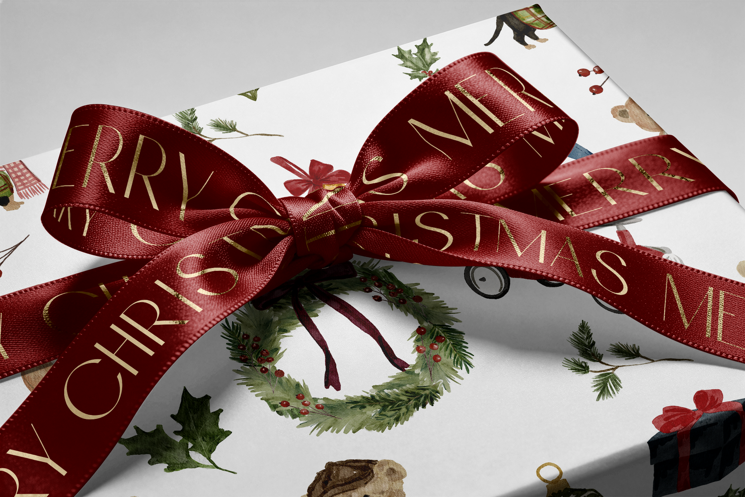 Luxury Christmas Wrapping Paper with vintage wreath illustration and red Merry Christmas ribbon bow on elegant holiday gift wrap