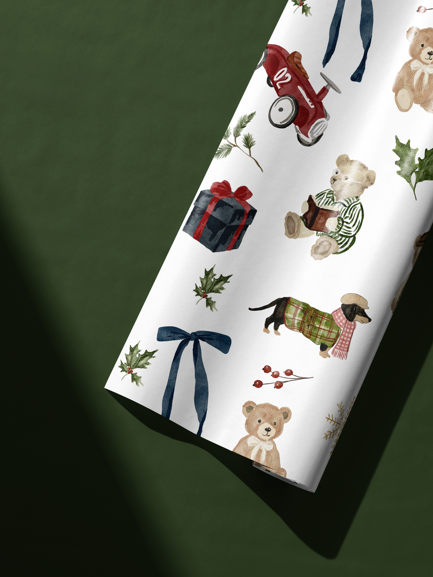 Alt Tag: Luxury Christmas Wrapping Paper The Holiday Estate with teddy bears, plaid dachshund, vintage red race car, wreaths and ribbons