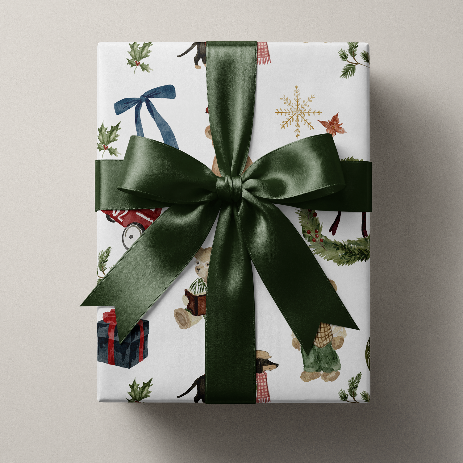 Luxury Christmas Wrapping Paper The Holiday Estate gift wrap with teddy bears, plaid dachshunds, vintage red cars, pine sprigs and green satin bow