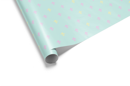 Alt Tag: Fleur de Lis Wrapping Paper in powder blue with pastel blush pink and buttery yellow fleur-de-lis pattern roll
