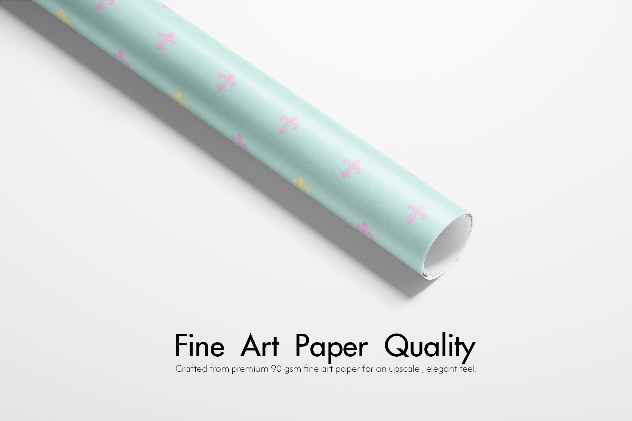 Alt Tag: Fleur de Lis Wrapping Paper Petit Château powder blue gift wrap roll with pastel fleur-de-lis pattern, fine art paper quality