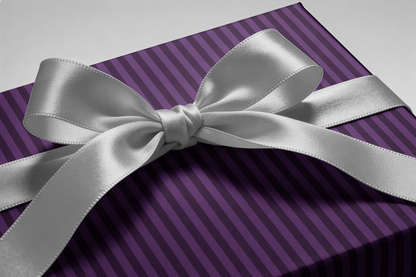 Purple Striped Wrapping Paper on gift box with violet pinstripes and silver satin ribbon bow