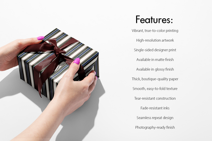 Striped Wrapping Paper gift box with classic vertical stripes and satin ribbon, featuring high-resolution printing and boutique-quality paper