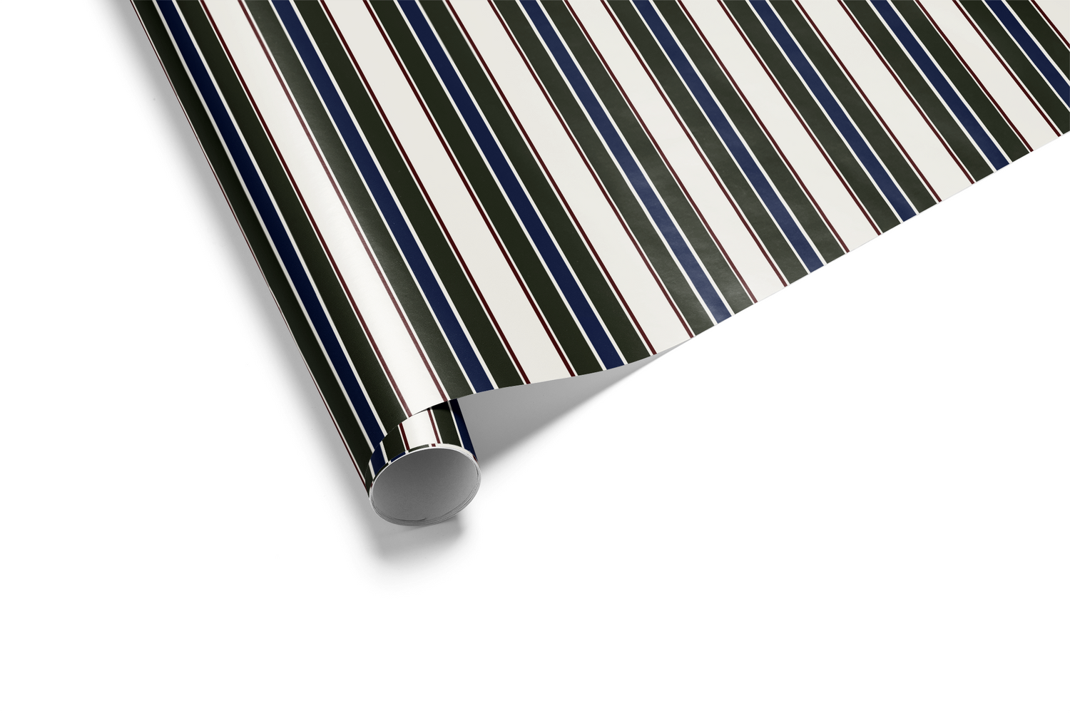 Alt Tag: Striped Wrapping Paper roll with vertical forest green, navy, burgundy, and cream stripes, classic heritage gift wrap