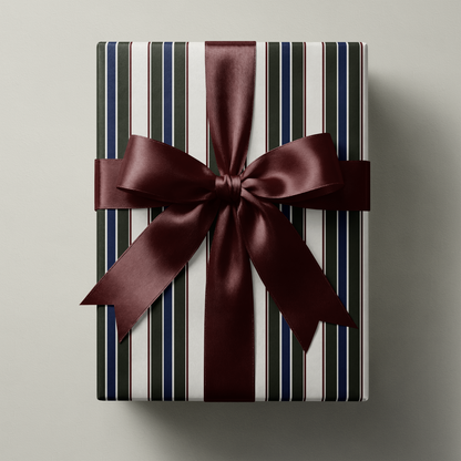 Alt Tag: Striped Wrapping Paper gift wrap with vertical forest green navy burgundy and cream stripes, finished with a rich burgundy satin bow