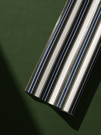Alt Tag: Striped Wrapping Paper with vertical forest green, navy, burgundy, and cream stripes for classic heritage gift wrap