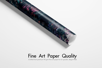 Alt Tag: Moody Floral Christmas Wrapping Paper roll in velvet noir with jewel-toned burgundy plum rose and emerald florals on midnight background