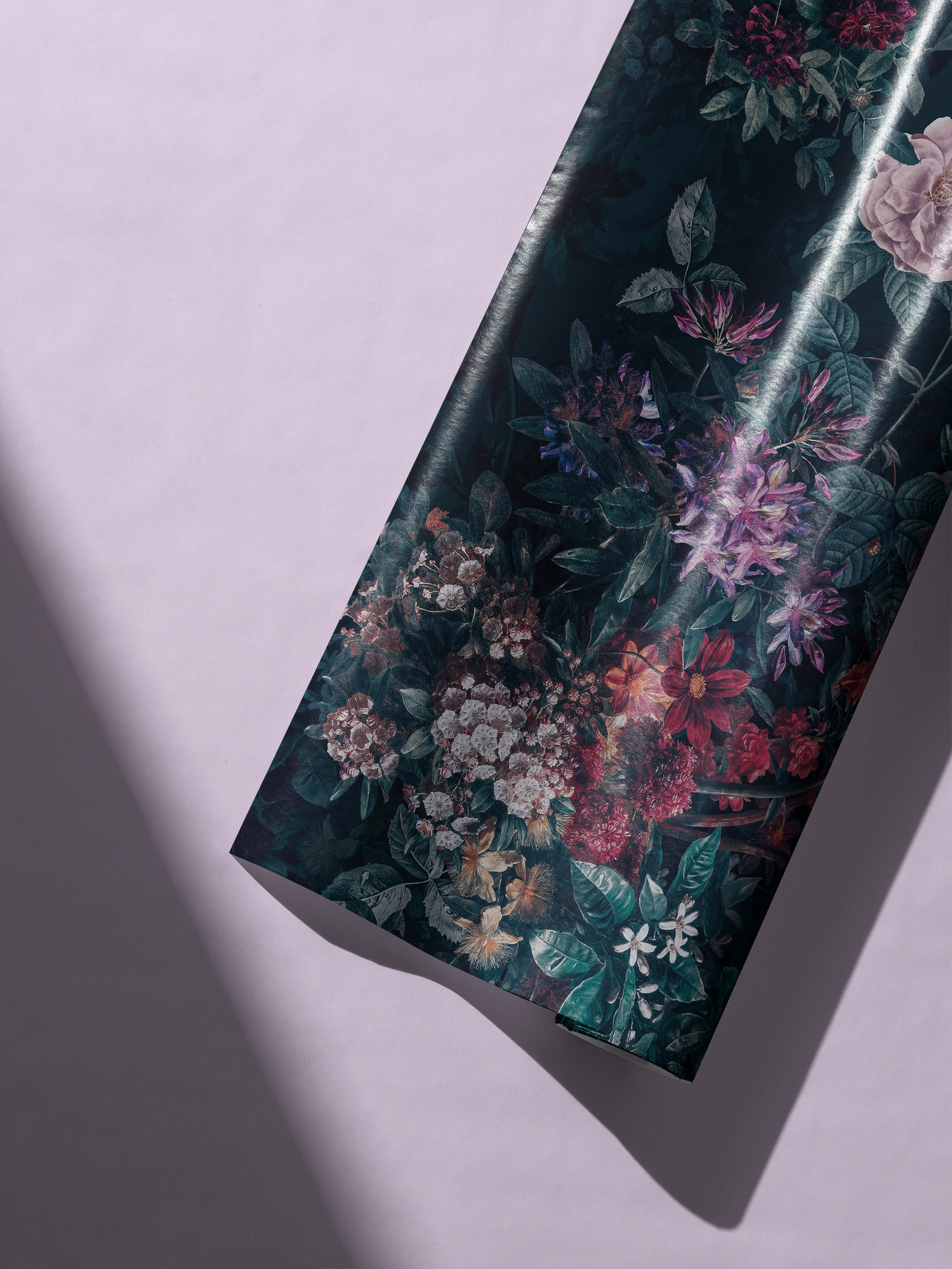 Alt Tag: Moody Floral Christmas Wrapping Paper Velvet Noir with jewel-toned burgundy plum rose emerald florals on a dark midnight background