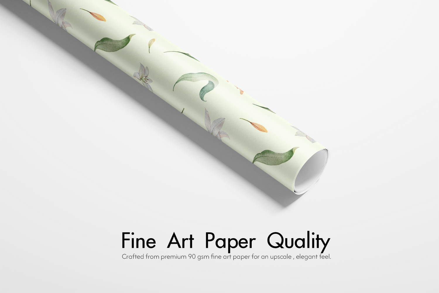 Alt Tag: Floral Wrapping Paper roll in sage green with lilies, peach blossoms and greenery, fine art paper quality
