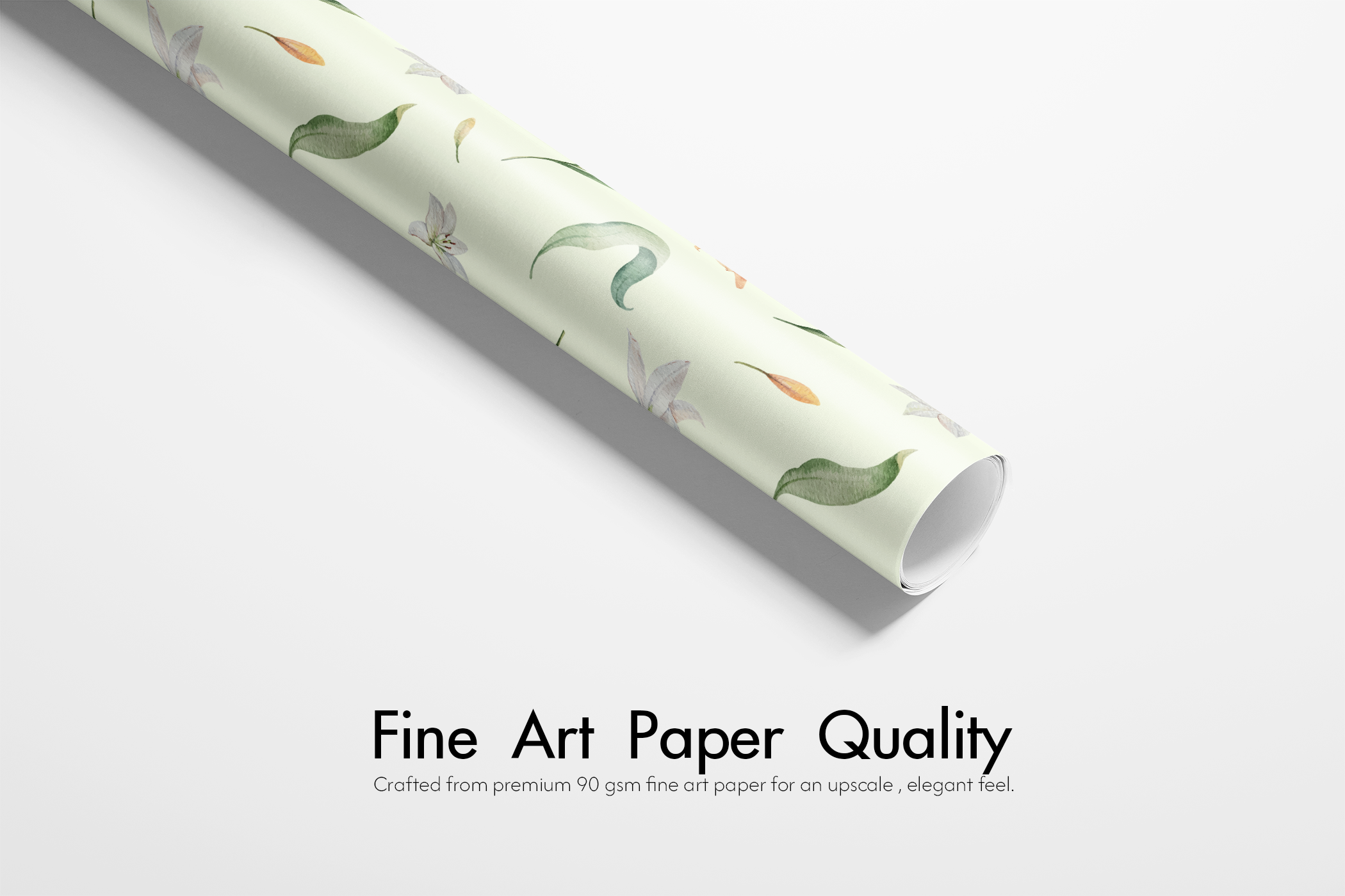 Alt Tag: Floral Wrapping Paper roll in sage green with lilies, peach blossoms and greenery, fine art paper quality