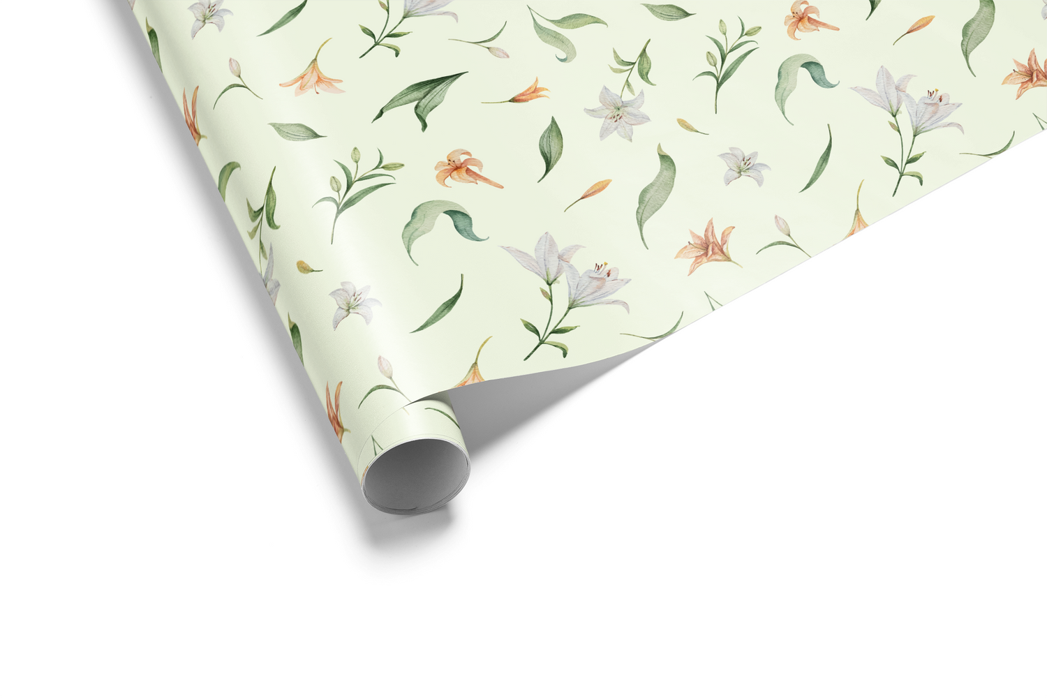 Alt Tag: Floral Wrapping Paper Conservatory Bloom with sage background, scattered lilies, peach blossoms, and airy greenery pattern