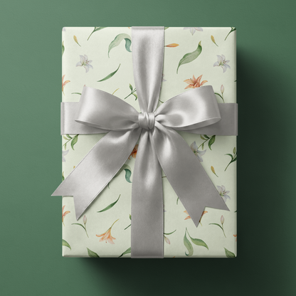 Floral Wrapping Paper Conservatory Bloom on gift box with sage garden floral print and silver satin ribbon bow