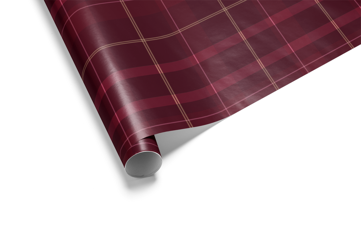 Alt Tag: Burgundy Plaid Wrapping Paper in manor tartan burgundy red plaid grid with fine gold line accents, rolled sheet detail