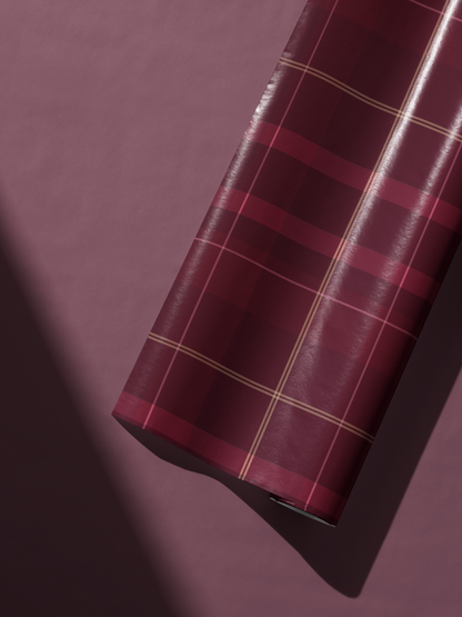 Alt Tag: Burgundy Plaid Wrapping Paper roll in manor tartan burgundy plaid with red blocks and fine gold line accents