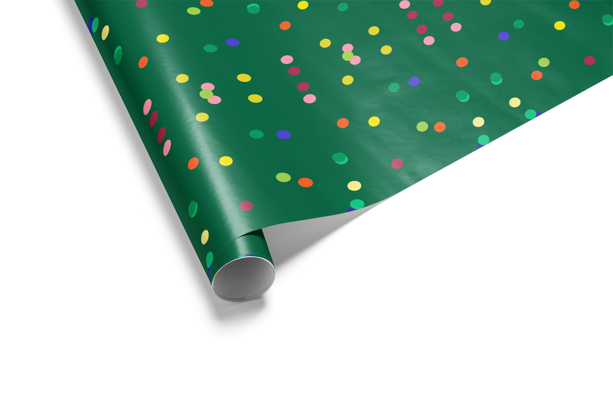 Alt Tag: Emerald Jubilee Confetti Wrapping Paper on rich emerald green with colorful jewel-toned confetti dots