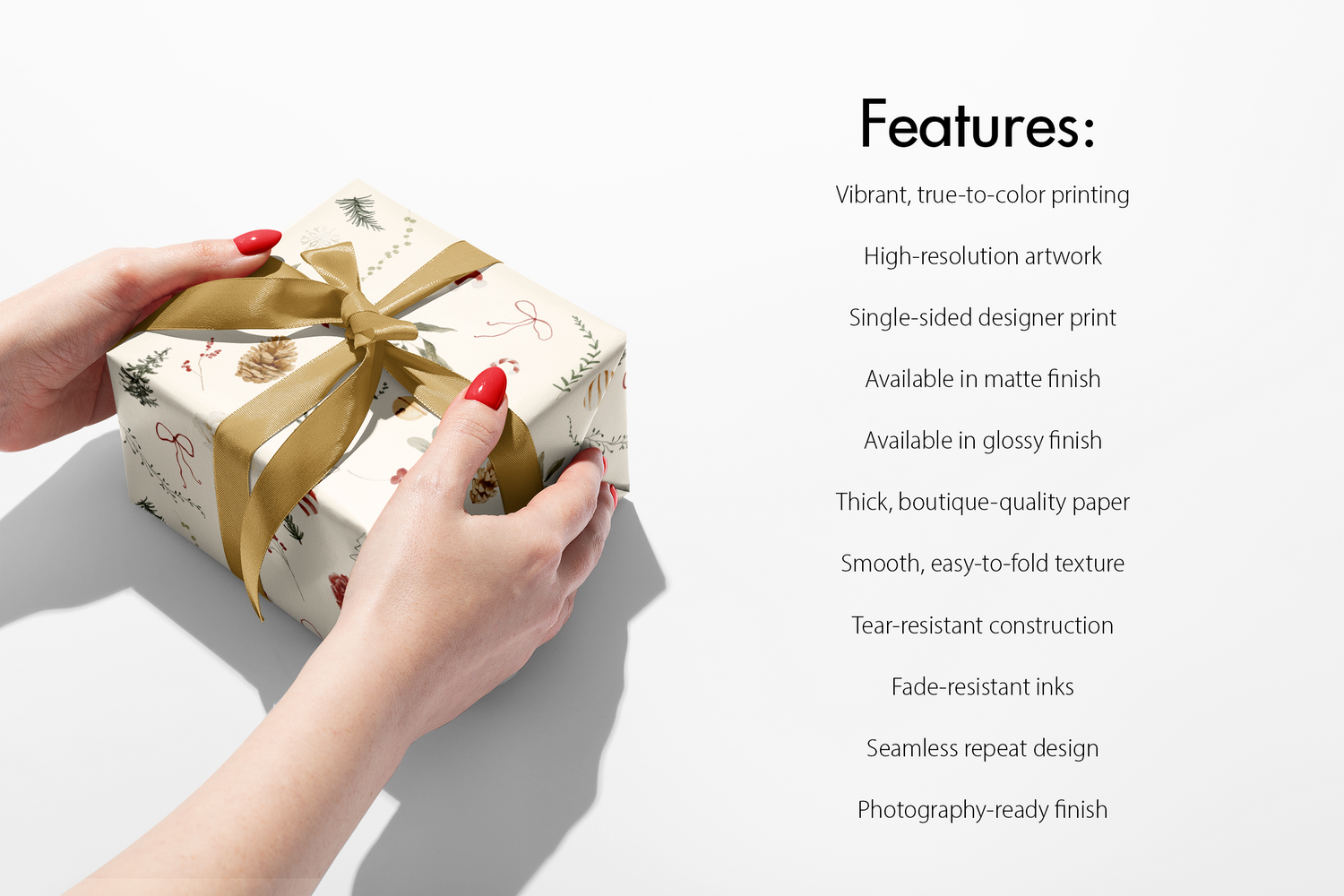 Winter Garden botanical Christmas wrapping paper on gift box, watercolor pinecones, evergreen, holly, ornaments on warm cream background