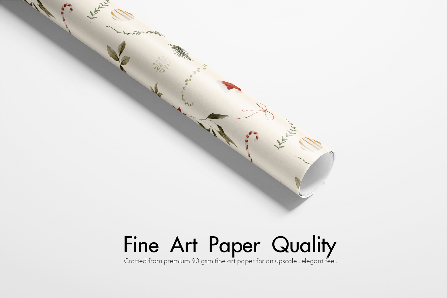 Alt Tag: Winter Garden botanical Christmas wrapping paper roll on cream with watercolor pinecones, holly, evergreen sprigs, ornaments, bows