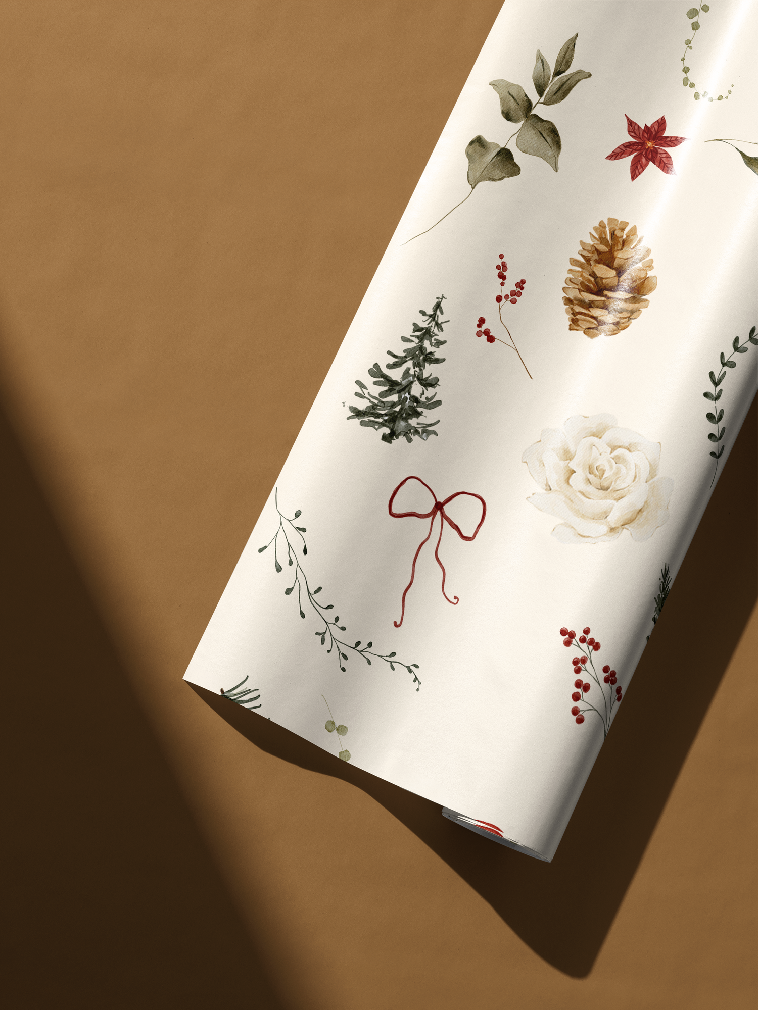 Alt Tag: Winter Garden botanical Christmas wrapping paper with watercolor pinecone, holly, evergreen sprigs, ornaments and bow on cream backdrop