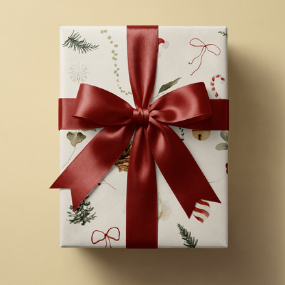 Winter Garden botanical Christmas wrapping paper on gift box with red satin ribbon, watercolor pinecones evergreen holly on cream