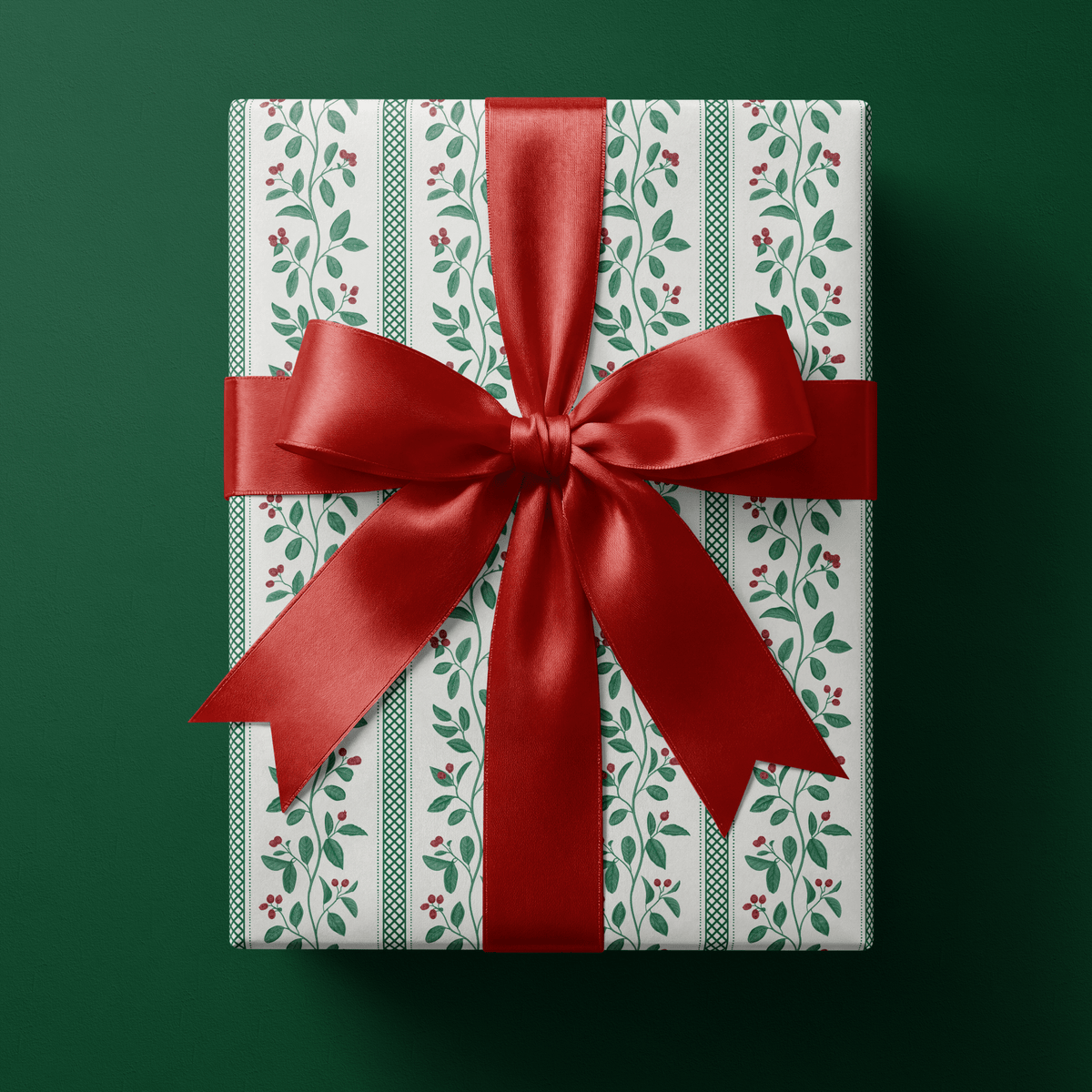 Botanical Christmas wrapping paper with trailing green berry vines and fine trellis stripes on white.