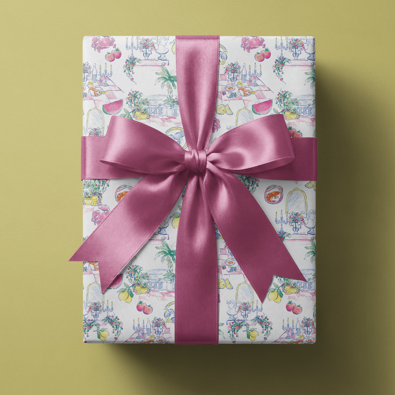 Preppy wrapping paper with watermelon, lobsters, and ginger jars in pastel watercolor on white.