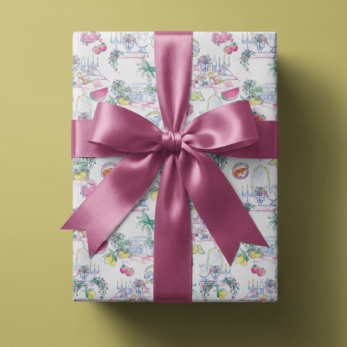 Preppy wrapping paper with watermelon, lobsters, and ginger jars in pastel watercolor on white.