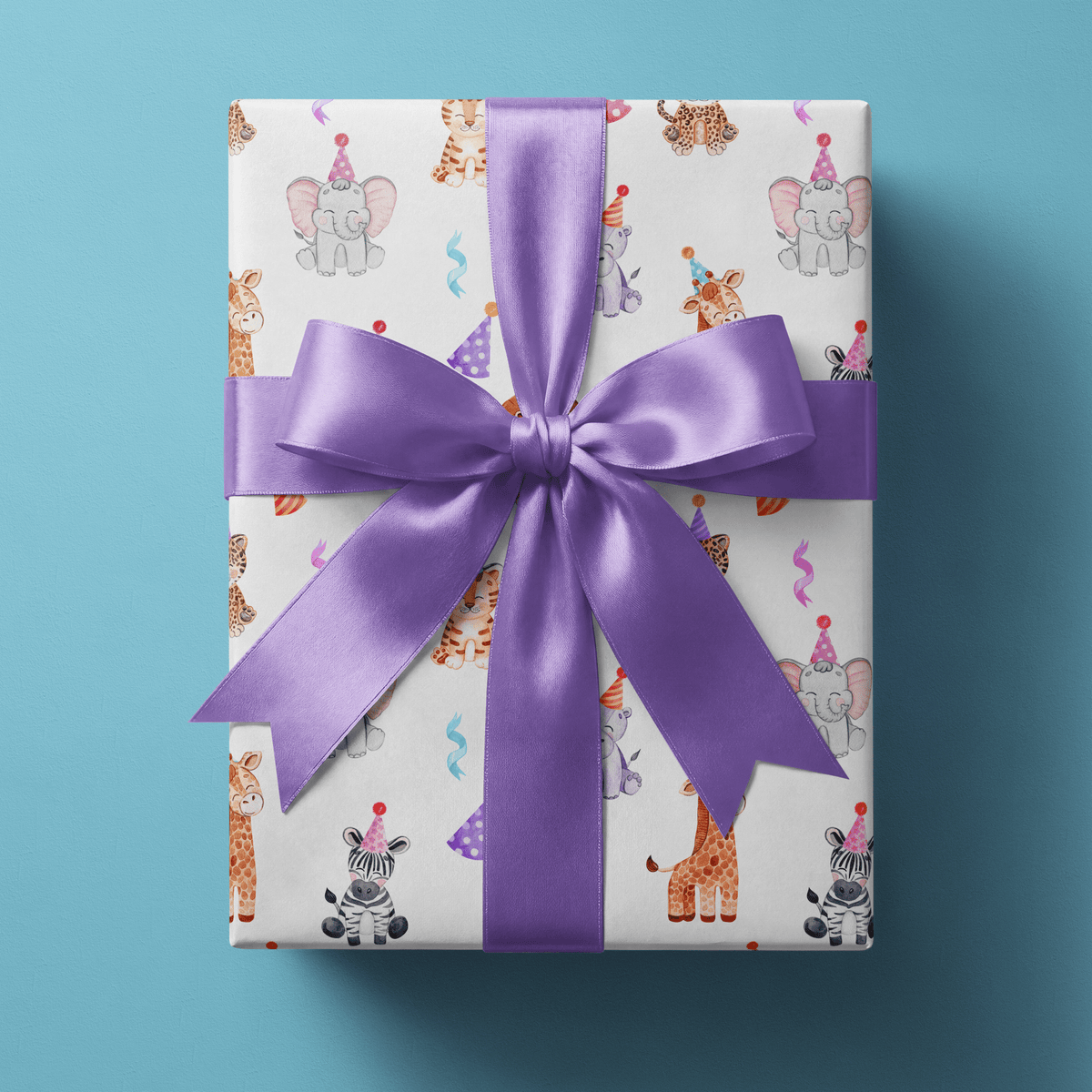 Safari birthday wrapping paper with watercolor animals wearing party hats on white.