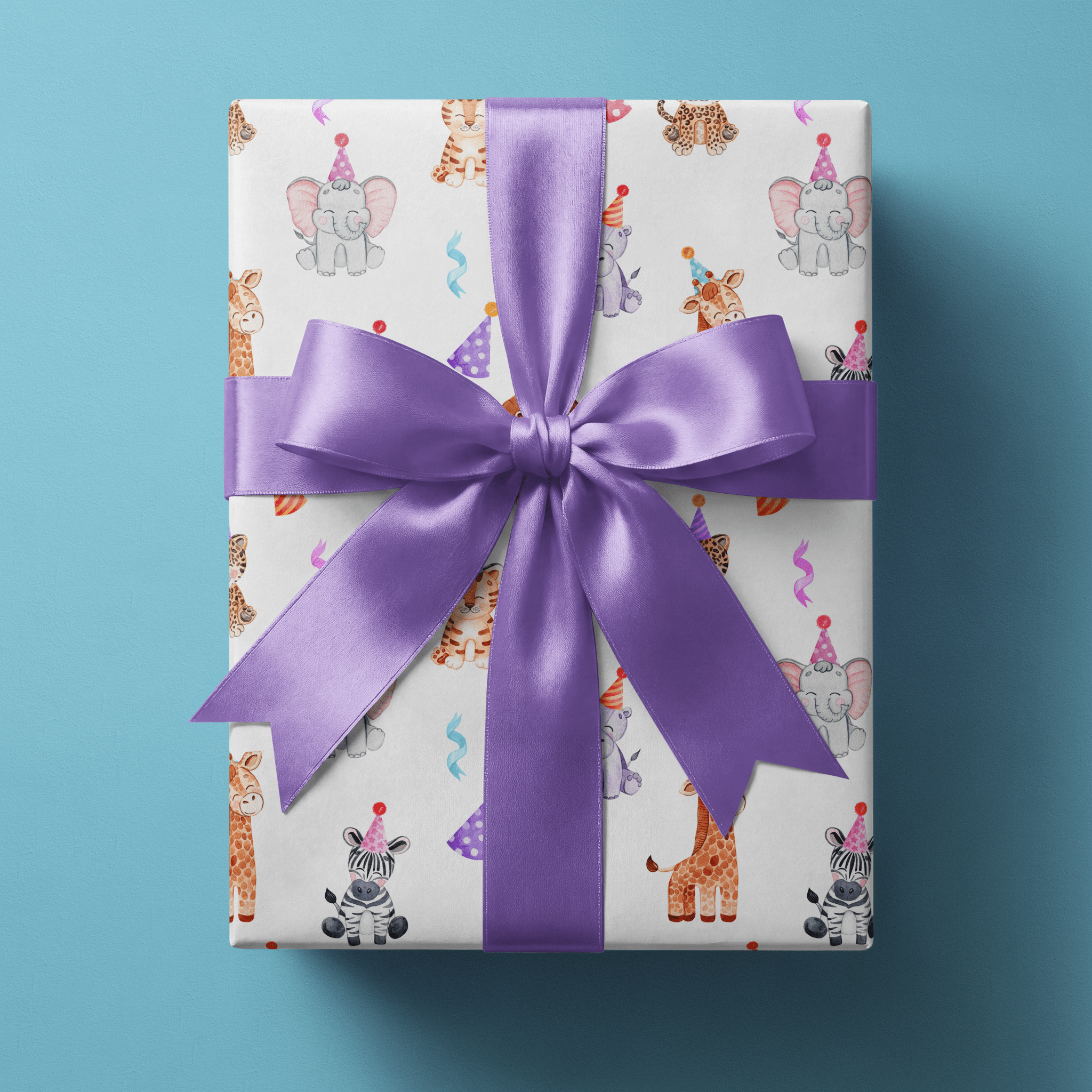 Safari birthday wrapping paper with watercolor animals wearing party hats on white.